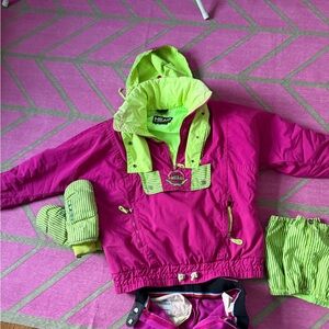 vintage Apres ski 90’s Neon Pink and Green Ski Jacket, pants, gloves, boot cov